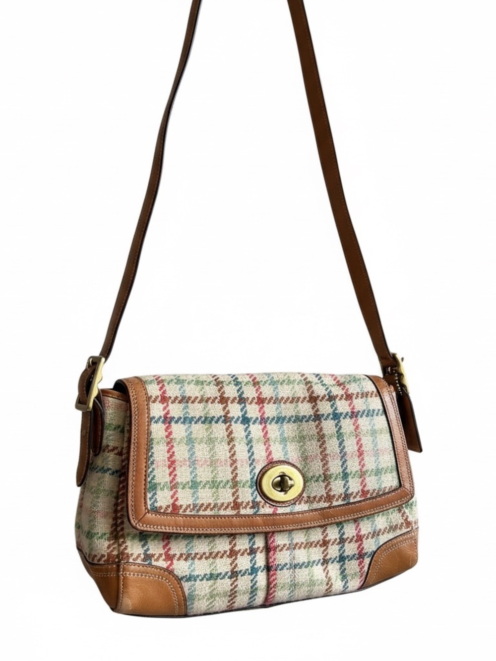 Coach Plaid Crossbody Bag with Leather Trim - Brown & Multi